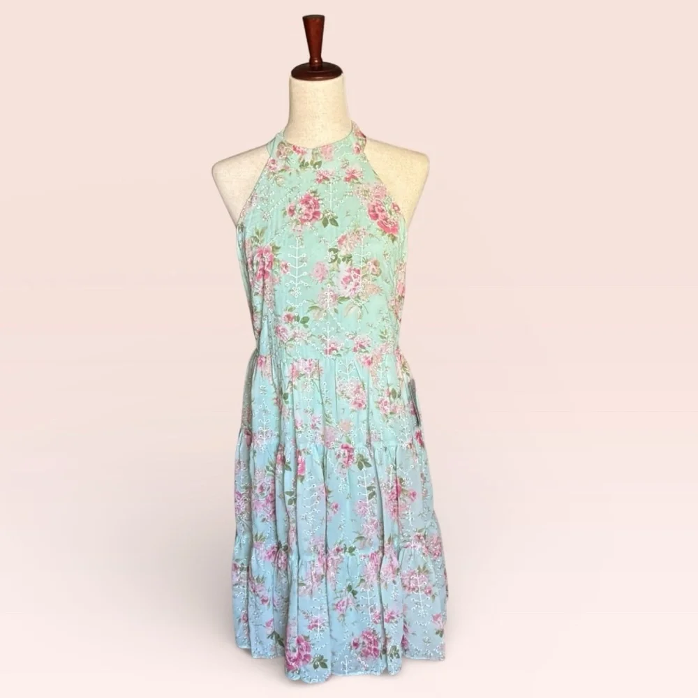 New Eliza J Dress Mint Green Floral Eyelet Halter Dress Size 8 - Picture 3 of 13